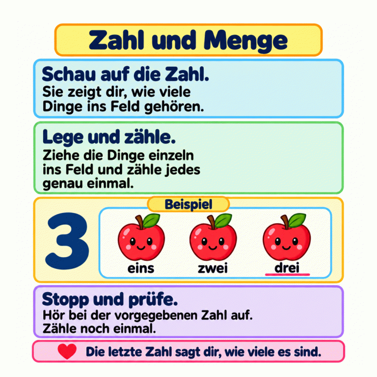 Zahl und Menge: Die vorgegebene Zahl zeigt, wie viele Dinge ins Feld gehören. Ziehe sie einzeln hinein und zähle jedes genau einmal. Ein Beispiel zeigt die Zahl 3 neben drei Äpfeln. Unter den Äpfeln stehen die Zahlwörter eins, zwei und drei. Höre bei der vorgegebenen Zahl auf und zähle noch einmal. Die letzte Zahl sagt dir, wie viele es sind. Zahl und Menge Schau auf die Zahl.: Sie zeigt dir, wie viele Dinge ins Feld gehören. Lege und zähle.: Ziehe die Dinge einzeln ins Feld und zähle jedes genau einmal. Stopp und prüfe.: Hör bei der vorgegebenen Zahl auf. Zähle noch einmal. Die letzte Zahl sagt dir, wie viele es sind. Beispiel 3 eins zwei drei