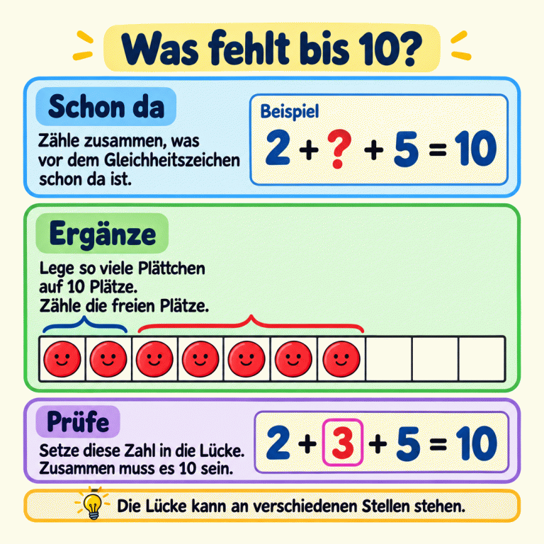 Was fehlt bis 10? Zuerst werden die bekannten Zahlen vor dem Gleichheitszeichen zusammengezählt. Das Beispiel lautet: 2 plus Fragezeichen plus 5 gleich 10. Auf einem Streifen mit zehn Plätzen liegen sieben Plättchen; drei Plätze sind frei. Deshalb wird im Beispiel die 3 eingesetzt. Die Probe lautet: 2 plus 3 plus 5 gleich 10. Die Lücke kann in anderen Aufgaben an einer anderen Stelle stehen. Was fehlt bis 10? Schon da: Zähle zusammen, was vor dem Gleichheitszeichen schon da ist. Ergänze: Lege so viele Plättchen auf 10 Plätze. Zähle die freien Plätze. Prüfe: Setze diese Zahl in die Lücke. Zusammen muss es 10 sein. Die Lücke kann an verschiedenen Stellen stehen. Beispiel 2 5 ? 3 + = 10