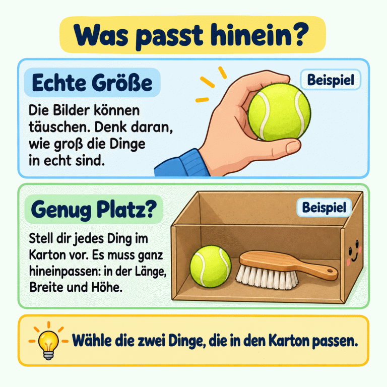 Die Karte erklärt: Bilder können bei der Größe täuschen. Denke deshalb daran, wie groß die Dinge in echt sind. Als Beispiel hält eine Hand einen Tennisball. Ein zweites Beispiel zeigt einen Tennisball und eine Handbürste vollständig im Innenraum eines Kartons. Alles muss in der Länge, Breite und Höhe hineinpassen. Wähle in der Aufgabe die zwei passenden Dinge. Was passt hinein? Echte Größe: Die Bilder können täuschen. Denk daran, wie groß die Dinge in echt sind. Genug Platz?: Stell dir jedes Ding im Karton vor. Es muss ganz hineinpassen: in der Länge, Breite und Höhe. Wähle die zwei Dinge, die in den Karton passen. Beispiel