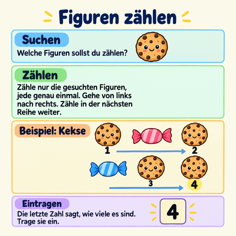 Eine Zählhilfe erklärt: Bestimme die gesuchten Figuren, zähle nur diese von links nach rechts und zähle in der nächsten Reihe weiter. Im gekennzeichneten Beispiel stehen vier Kekse und zwei Bonbons in zwei Reihen. Nur die Kekse tragen die Zählzahlen 1 bis 4. Die letzte Zahl 4 ist zugleich die Anzahl der Kekse und wird als Beispielergebnis gezeigt. Figuren zählen Suchen: Welche Figuren sollst du zählen? Zählen: Zähle nur die gesuchten Figuren, jede genau einmal. Gehe von links nach rechts. Zähle in der nächsten Reihe weiter. Eintragen: Die letzte Zahl sagt, wie viele es sind. Trage sie ein. Beispiel: Kekse 1 2 3 4