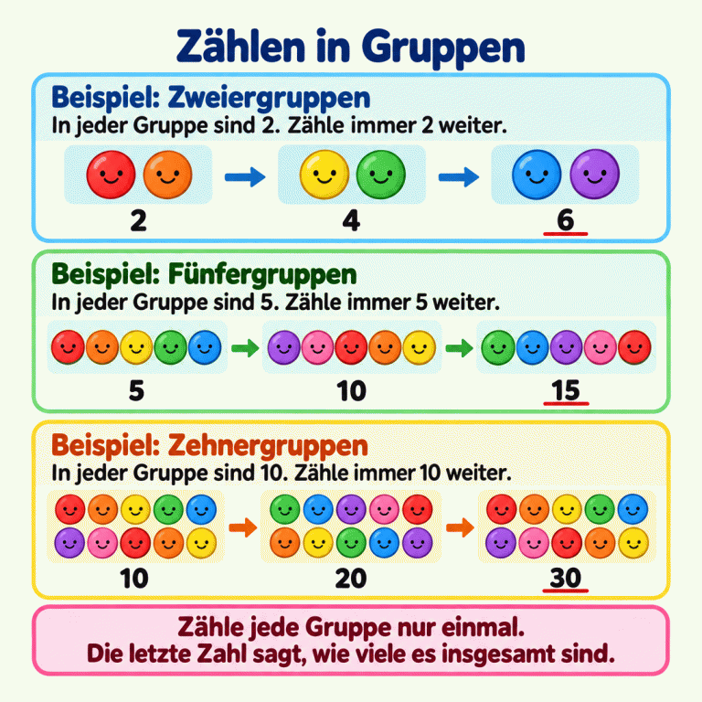 Drei Beispiele zeigen das Zählen in gleich großen Gruppen. Bei drei Zweiergruppen zählt man 2, 4, 6. Bei drei Fünfergruppen zählt man 5, 10, 15. Bei drei Zehnergruppen zählt man 10, 20, 30. Unter jeder Gruppe steht, wie viele Kreise bis dahin gezählt wurden. Jede Gruppe wird genau einmal gezählt. Die letzte Zahl nennt die Gesamtmenge des jeweiligen Beispiels. Zählen in Gruppen Beispiel: Zweiergruppen: In jeder Gruppe sind 2. Zähle immer 2 weiter. Beispiel: Fünfergruppen: In jeder Gruppe sind 5. Zähle immer 5 weiter. Beispiel: Zehnergruppen: In jeder Gruppe sind 10. Zähle immer 10 weiter. Zähle jede Gruppe nur einmal. Die letzte Zahl sagt, wie viele es insgesamt sind. 2 4 6 5 10 15 20 30