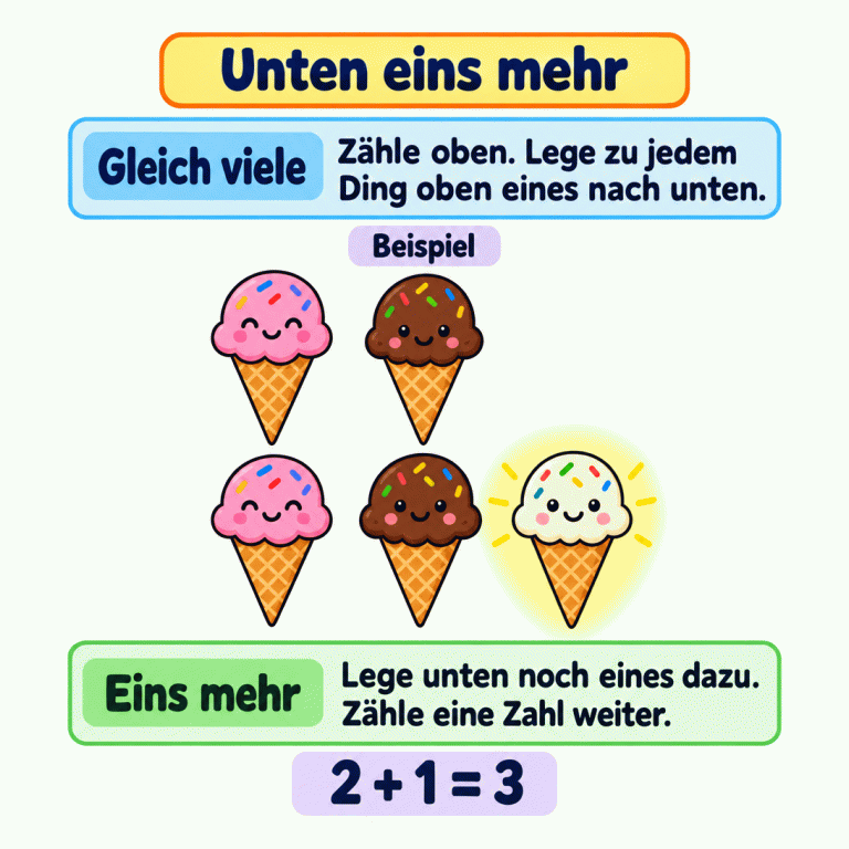 Beispiel mit zwei Eistüten oben und drei unten. Unter jeder oberen Eistüte steht genau eine untere. Die zusätzliche Eistüte rechts unten ist hervorgehoben und hat keine Eistüte über sich. Erst gleich viele legen, dann unten eines hinzufügen: zwei plus eins ist drei. Unten eins mehr Gleich viele: Zähle oben. Lege zu jedem Ding oben eines nach unten. Eins mehr: Lege unten noch eines dazu. Zähle eine Zahl weiter. Beispiel 2 + 1 = 3