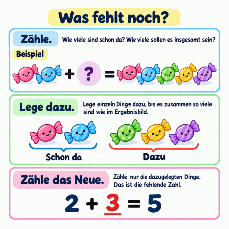 So findest du die fehlende Menge: Zähle, wie viele Dinge schon da sind und wie viele es insgesamt sein sollen. Lege einzeln Dinge dazu, bis die Zielmenge erreicht ist. Zähle nur die dazugelegten Dinge. Im Beispiel sind zwei Bonbons vorhanden, insgesamt sollen es fünf sein. Drei Bonbons kommen dazu. Zwei plus drei ergibt fünf. Was fehlt noch? Zähle.: Wie viele sind schon da? Wie viele sollen es insgesamt sein? Lege dazu.: Lege einzeln Dinge dazu, bis es zusammen so viele sind wie im Ergebnisbild. Zähle das Neue.: Zähle nur die dazugelegten Dinge. Das ist die fehlende Zahl. Beispiel + ? = Schon da Dazu 2 3 5