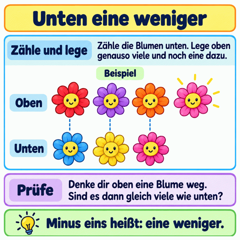 Beispiel mit vier Blumen oben und drei unten. Drei Blumenpaare sind verbunden. Eine obere Blume hat keinen Partner: Unten ist eine Blume weniger. Zähle die Blumen unten und lege oben genauso viele plus eine weitere. Denke dir zur Probe oben eine Blume weg. Dann sollen es gleich viele sein wie unten. Minus eins heißt: eine weniger. Unten eine weniger Zähle und lege: Zähle die Blumen unten. Lege oben genauso viele und noch eine dazu. Prüfe: Denke dir oben eine Blume weg. Sind es dann gleich viele wie unten? Minus eins heißt: eine weniger. Beispiel Oben Unten