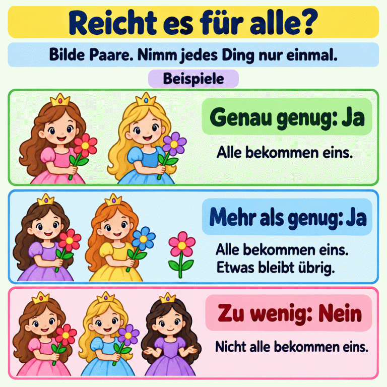 Bilde Paare und nimm jedes Ding nur einmal. Drei Beispiele mit Prinzessinnen und Blumen: Zwei Prinzessinnen bekommen je eine von zwei Blumen. Das ist genau genug: Ja. Zwei Prinzessinnen bekommen je eine von drei Blumen. Eine Blume bleibt übrig, also ebenfalls Ja. Bei drei Prinzessinnen und zwei Blumen bleibt eine Prinzessin ohne Blume. Das ist zu wenig: Nein. Reicht es für alle? Genau genug: Ja: Alle bekommen eins. Mehr als genug: Ja: Alle bekommen eins. Etwas bleibt übrig. Zu wenig: Nein: Nicht alle bekommen eins. Bilde Paare. Nimm jedes Ding nur einmal. Beispiele