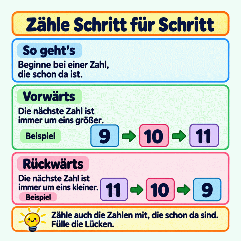 Zähle Schritt für Schritt. Beginne bei einer Zahl, die schon da ist. Zwei Beispiele zeigen die Zählrichtungen: Vorwärts geht es von 9 über 10 zu 11, immer um eins größer. Rückwärts geht es von 11 über 10 zu 9, immer um eins kleiner. Zähle bereits eingetragene Zahlen mit und ergänze die Lücken. Zähle Schritt für Schritt So geht’s: Beginne bei einer Zahl, die schon da ist. Vorwärts: Die nächste Zahl ist immer um eins größer. Rückwärts: Die nächste Zahl ist immer um eins kleiner. Zähle auch die Zahlen mit, die schon da sind. Fülle die Lücken. Beispiel 9 10 11
