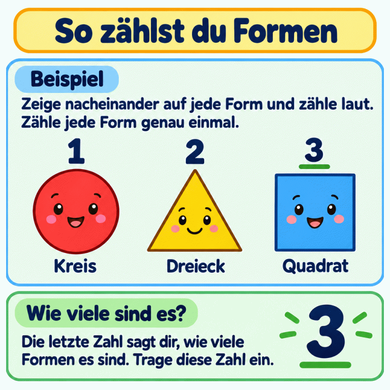 Ein Zählbeispiel mit einem Kreis, einem Dreieck und einem Quadrat. Über den Formen stehen der Reihe nach die Zahlen 1, 2 und 3, darunter ihre Namen. Jede Form wird genau einmal gezählt. Die letzte Zahl ist 3: Insgesamt sind es drei Formen. Deshalb wird im Beispiel die Zahl 3 eingetragen. So zählst du Formen Beispiel: Zeige nacheinander auf jede Form und zähle laut. Zähle jede Form genau einmal. Wie viele sind es?: Die letzte Zahl sagt dir, wie viele Formen es sind. Trage diese Zahl ein. 1 2 3 Kreis Dreieck Quadrat