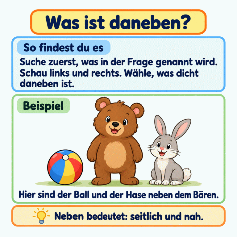 Ein Lehrbeispiel zeigt einen Ball dicht links neben einem Bären und einen Hasen dicht rechts neben ihm. Kleine Lücken trennen die Figuren. Die Anleitung erklärt: Finde zuerst das Genannte, prüfe beide Seiten und wähle, was dicht daneben ist. Was ist daneben? So findest du es: Suche zuerst, was in der Frage genannt wird. Schau links und rechts. Wähle, was dicht daneben ist. Beispiel: Hier sind der Ball und der Hase neben dem Bären. Neben bedeutet: seitlich und nah.