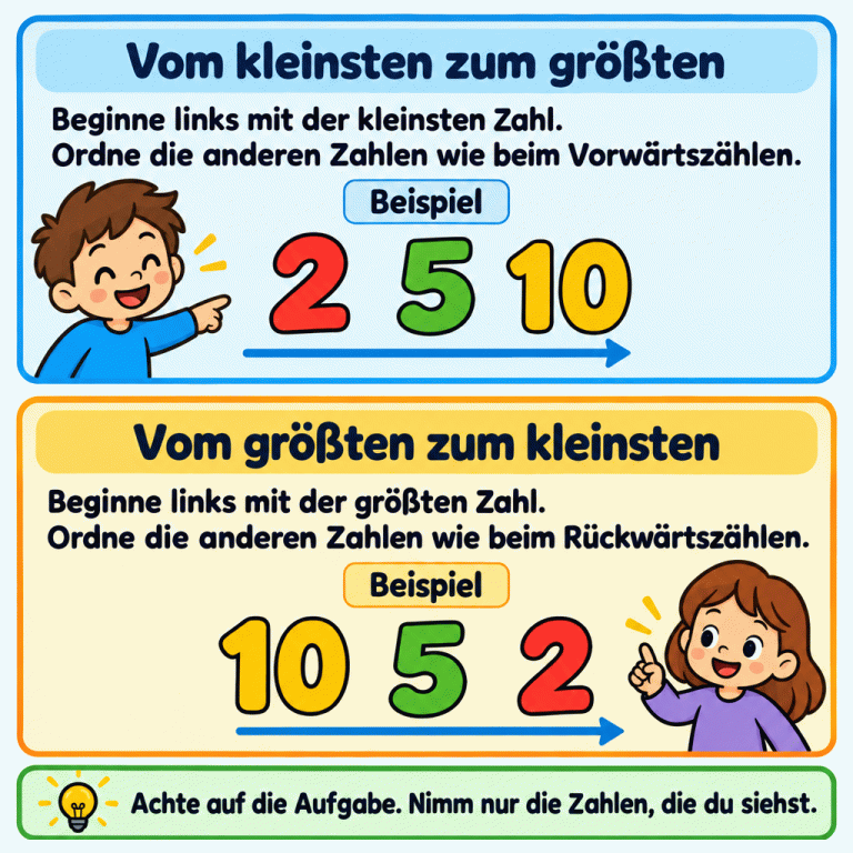 Zwei Beispiele zeigen das Ordnen von Zahlen. Oben stehen 2, 5 und 10 von links nach rechts vom kleinsten zum größten. Dabei hilft Vorwärtszählen. Unten stehen 10, 5 und 2 vom größten zum kleinsten. Dabei hilft Rückwärtszählen. Es werden nur die vorhandenen Zahlen verwendet. Vom kleinsten zum größten: Beginne links mit der kleinsten Zahl. Ordne die anderen Zahlen wie beim Vorwärtszählen. Vom größten zum kleinsten: Beginne links mit der größten Zahl. Ordne die anderen Zahlen wie beim Rückwärtszählen. Achte auf die Aufgabe. Nimm nur die Zahlen, die du siehst. Beispiel 2 5 10