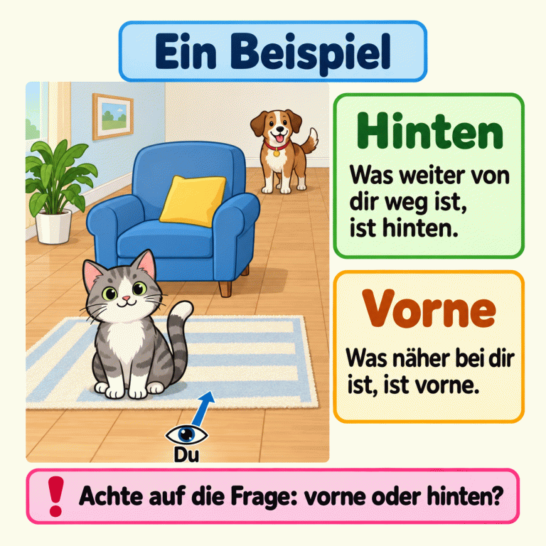 Eine Beispielszene erklärt vorne und hinten aus deiner Sicht. Ein Augensymbol mit „Du“ zeigt deinen Platz. Auf derselben Bodenfläche ist eine Katze näher bei dir, ein Hund steht weiter entfernt. Dazwischen steht ein Sessel. Hinten: Was weiter von dir weg ist, ist hinten. Vorne: Was näher bei dir ist, ist vorne. Achte auf die Frage: vorne oder hinten? Ein Beispiel Hinten: Was weiter von dir weg ist, ist hinten. Vorne: Was näher bei dir ist, ist vorne. Achte auf die Frage: vorne oder hinten? Du !