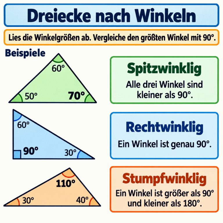Drei Beispiele zeigen die Einteilung von Dreiecken nach ihren Winkeln. Vergleiche jeweils den größten angegebenen Winkel mit 90°. Beim spitzwinkligen Beispiel mit 50°, 60° und 70° sind alle drei Winkel kleiner als 90°. Beim rechtwinkligen Beispiel mit 30°, 60° und 90° ist ein Winkel genau 90°. Beim stumpfwinkligen Beispiel mit 30°, 40° und 110° ist ein Winkel größer als 90° und kleiner als 180°. Dreiecke nach Winkeln Spitzwinklig: Alle drei Winkel sind kleiner als 90°. Rechtwinklig: Ein Winkel ist genau 90°. Stumpfwinklig: Ein Winkel ist größer als 90° und kleiner als 180°. Lies die Winkelgrößen ab. Vergleiche den größten Winkel mit 90°. Beispiele 50° 60° 70° 30° 90° 40° 110°