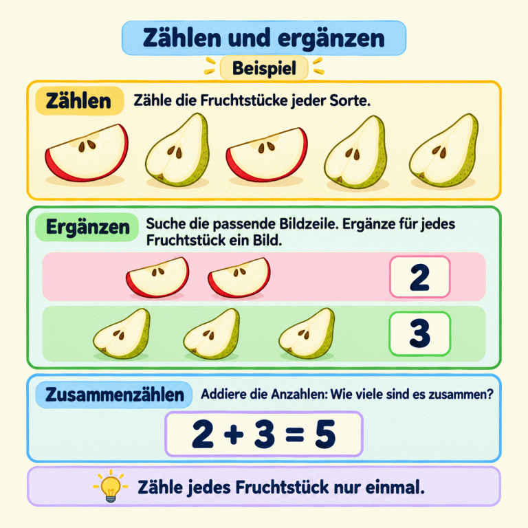 Ein Lernbeispiel zeigt zwei Apfelstücke und drei Birnenstücke gemischt. Zuerst wird jede Fruchtsorte einzeln gezählt. In der Grafik stehen danach zwei Apfelbilder bei der Zahl 2 und drei Birnenbilder bei der Zahl 3. Jedes Bild steht für ein Fruchtstück. Die Rechnung 2 + 3 = 5 zeigt: Zusammen sind es fünf Fruchtstücke. Zählen und ergänzen Zählen: Zähle die Fruchtstücke jeder Sorte. Ergänzen: Suche die passende Bildzeile. Ergänze für jedes Fruchtstück ein Bild. Zusammenzählen: Addiere die Anzahlen: Wie viele sind es zusammen? Zähle jedes Fruchtstück nur einmal. Beispiel 2 3 2 + 3 = 5