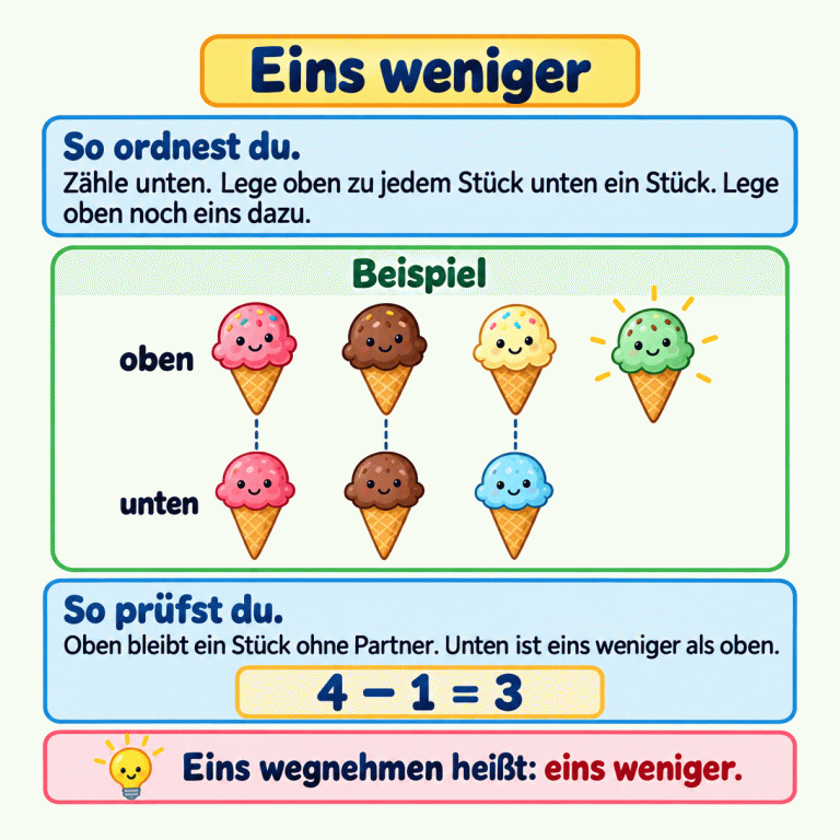 Beispiel: Oben stehen vier Eistüten, unten drei. Drei obere Eistüten haben jeweils eine untere als Partner. Eine obere Eistüte bleibt ohne Partner. Unten ist also eine Eistüte weniger als oben. Zum Ordnen legst du oben zu jedem unteren Stück ein Stück und dann noch eins dazu. Vier minus eins ist drei. Eins weniger So ordnest du.: Zähle unten. Lege oben zu jedem Stück unten ein Stück. Lege oben noch eins dazu. So prüfst du.: Oben bleibt ein Stück ohne Partner. Unten ist eins weniger als oben. Eins wegnehmen heißt: eins weniger. Beispiel oben unten 4 − 1 = 3
