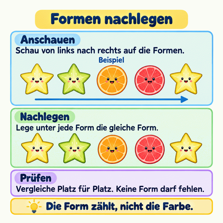 Ein Beispiel zeigt zwei Formenreihen. In beiden folgen von links nach rechts Stern, Stern, Kreis, Kreis und Stern. Unter jeder Form liegt die gleiche Form. Vergleiche beide Reihen Platz für Platz. Die Form zählt, nicht die Farbe. Formen nachlegen Anschauen: Schau von links nach rechts auf die Formen. Nachlegen: Lege unter jede Form die gleiche Form. Prüfen: Vergleiche Platz für Platz. Keine Form darf fehlen. Die Form zählt, nicht die Farbe. Beispiel