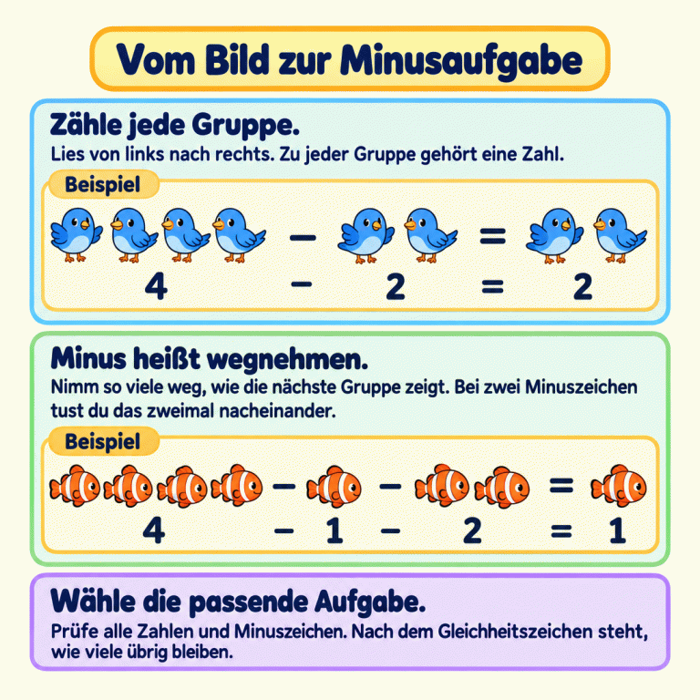 Zwei Beispiele erklären, wie Bilder zu Minusaufgaben werden. Zähle jede Gruppe einzeln von links nach rechts. Im ersten Beispiel zeigen Vögel: 4 minus 2 gleich 2. Im zweiten zeigen Fische: 4 minus 1 minus 2 gleich 1. Unter jeder Bildgruppe steht die passende Zahl. Jedes Minus bedeutet Wegnehmen; bei zwei Minuszeichen wird zweimal nacheinander etwas weggenommen. Nach dem Gleichheitszeichen steht, wie viele übrig bleiben. Prüfe die ganze Aufgabe. Vom Bild zur Minusaufgabe Zähle jede Gruppe.: Lies von links nach rechts. Zu jeder Gruppe gehört eine Zahl. Minus heißt wegnehmen.: Nimm so viele weg, wie die nächste Gruppe zeigt. Bei zwei Minuszeichen tust du das zweimal nacheinander. Wähle die passende Aufgabe.: Prüfe alle Zahlen und Minuszeichen. Nach dem Gleichheitszeichen steht, wie viele übrig bleiben. Beispiel 4 2 1 − =