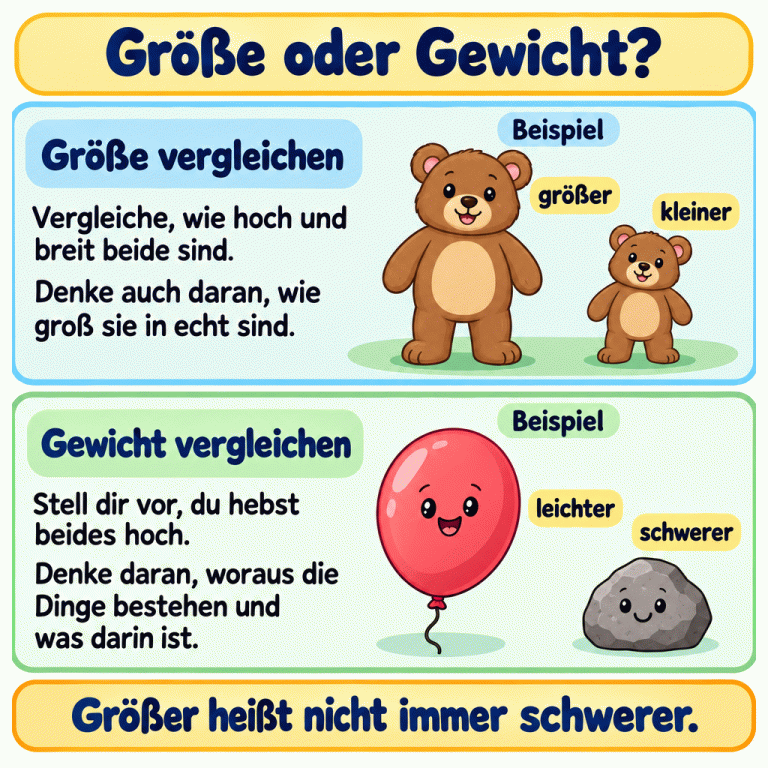 Zwei Beispiele erklären Größe und Gewicht. Ein höherer und breiterer Spielzeugbär ist größer als der andere; der andere ist kleiner. Beim Gewichtsbeispiel ist ein kleinerer massiver Stein schwerer als ein großer aufgeblasener Luftballon. Der Luftballon ist leichter. Vergleiche die Größe und denke beim Gewicht daran, wie sich die Dinge beim Hochheben anfühlen, woraus sie bestehen und was darin ist. Größer heißt nicht immer schwerer. Größe oder Gewicht? Größe vergleichen: Vergleiche, wie hoch und breit beide sind. Denke auch daran, wie groß sie in echt sind. Gewicht vergleichen: Stell dir vor, du hebst beides hoch. Denke daran, woraus die Dinge bestehen und was darin ist. Größer heißt nicht immer schwerer. Beispiel größer kleiner schwerer leichter