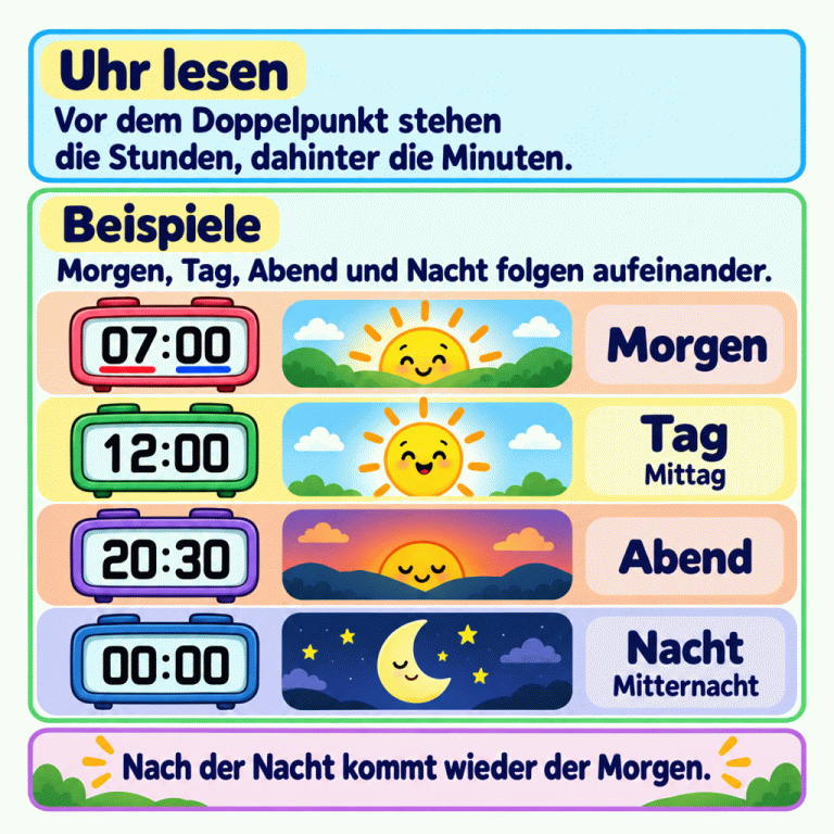 Die Karte erklärt: Vor dem Doppelpunkt stehen die Stunden, dahinter die Minuten. Vier Beispiele zeigen die Tageszeiten: 07:00 gehört zum Morgen, 12:00 ist Mittag und gehört zum Tag, 20:30 gehört zum Abend und 00:00 ist Mitternacht und gehört zur Nacht. Sonnen- und Mondbilder helfen beim Merken. Nach der Nacht kommt wieder der Morgen. Uhr lesen: Vor dem Doppelpunkt stehen die Stunden, dahinter die Minuten. Beispiele: Morgen, Tag, Abend und Nacht folgen aufeinander. Nach der Nacht kommt wieder der Morgen. 07:00 Morgen 12:00 Tag Mittag 20:30 Abend 00:00 Nacht Mitternacht