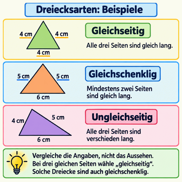 Drei Beispiele erklären die Dreiecksarten nach Seitenlängen. Gleichseitig: 4 cm, 4 cm und 4 cm; alle drei Seiten sind gleich lang. Gleichschenklig: 5 cm, 5 cm und 6 cm; mindestens zwei Seiten sind gleich lang. Ungleichseitig: 4 cm, 5 cm und 6 cm; alle drei Seiten sind verschieden lang. Vergleiche die Angaben, nicht das Aussehen. Bei drei gleichen Seiten wähle „gleichseitig“. Solche Dreiecke sind auch gleichschenklig. Dreiecksarten: Beispiele Gleichseitig: Alle drei Seiten sind gleich lang. Gleichschenklig: Mindestens zwei Seiten sind gleich lang. Ungleichseitig: Alle drei Seiten sind verschieden lang. Vergleiche die Angaben, nicht das Aussehen. Bei drei gleichen Seiten wähle „gleichseitig“. Solche Dreiecke sind auch gleichschenklig. 4 cm 5 cm 6 cm