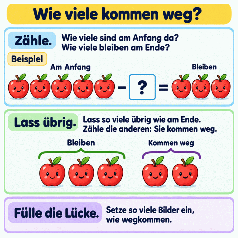 So findest du heraus, wie viele wegkommen: Zähle zuerst, wie viele am Anfang da sind und wie viele bleiben sollen. Das Beispiel zeigt fünf Äpfel am Anfang und drei am Ende. Darunter sind die fünf Äpfel aufgeteilt: Drei bleiben, zwei kommen weg. Zähle die Äpfel, die wegkommen, und setze genauso viele Bilder in die Lücke. In diesem Beispiel sind es zwei. Wie viele kommen weg? Zähle.: Wie viele sind am Anfang da? Wie viele bleiben am Ende? Lass übrig.: Lass so viele übrig wie am Ende. Zähle die anderen: Sie kommen weg. Fülle die Lücke.: Setze so viele Bilder ein, wie wegkommen. Beispiel Am Anfang Bleiben Kommen weg − ? =