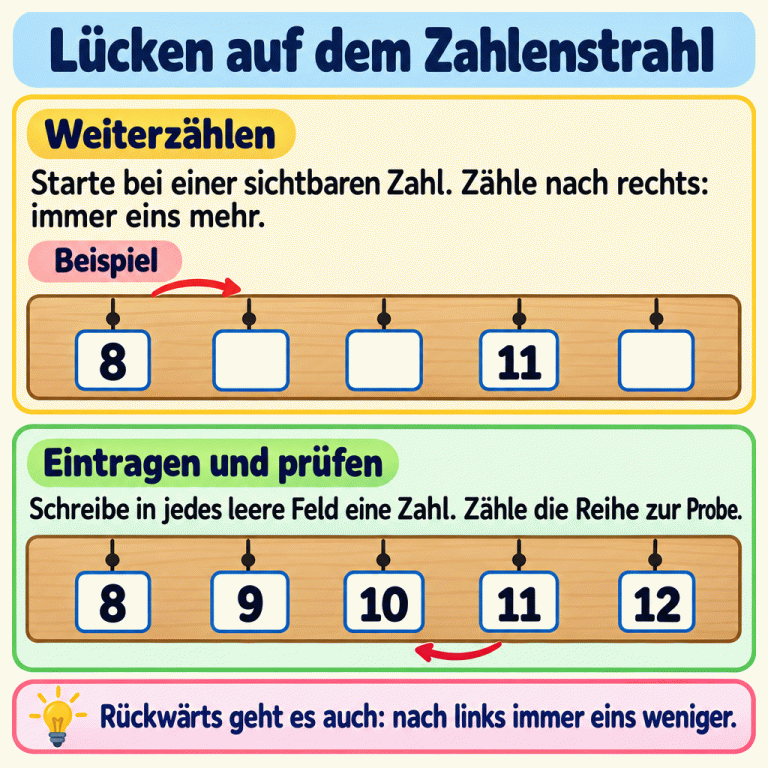 Ein Beispiel zeigt einen kurzen Zahlenstrahl zuerst mit Lücken und dann ergänzt. Oben stehen 8 und 11; dazwischen sind zwei Felder leer, rechts von 11 ein weiteres. Unten steht die vollständige Reihe 8, 9, 10, 11, 12. Von einer sichtbaren Zahl aus zählt man nach rechts immer eins mehr oder nach links immer eins weniger. Danach prüft man die ganze Reihe. Lücken auf dem Zahlenstrahl Weiterzählen: Starte bei einer sichtbaren Zahl. Zähle nach rechts: immer eins mehr. Eintragen und prüfen: Schreibe in jedes leere Feld eine Zahl. Zähle die Reihe zur Probe. Rückwärts geht es auch: nach links immer eins weniger. Beispiel 8 9 10 11 12