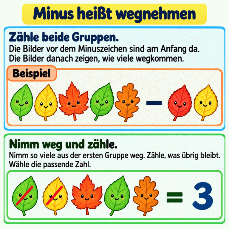 Minus heißt wegnehmen. Ein Beispiel zeigt fünf Blätter minus zwei Blätter. Darunter sind von den fünf Blättern zwei durchgestrichen. Drei bleiben übrig; daneben steht die Zahl 3. Zähle beide Gruppen, nimm die zweite Anzahl aus der ersten Gruppe weg und wähle die Zahl der übrigen Bilder. Minus heißt wegnehmen Zähle beide Gruppen.: Die Bilder vor dem Minuszeichen sind am Anfang da. Die Bilder danach zeigen, wie viele wegkommen. Nimm weg und zähle.: Nimm so viele aus der ersten Gruppe weg. Zähle, was übrig bleibt. Wähle die passende Zahl. Beispiel − = 3