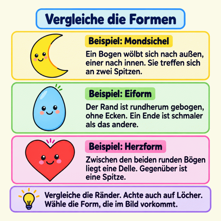 Drei Beispiele erklären das Vergleichen von Formen: Die Mondsichel hat einen Bogen nach außen, einen nach innen und zwei Spitzen. Die Eiform ist ohne Ecken und an einem Ende schmaler. Das Herz hat zwei runde Bögen, eine Delle dazwischen und gegenüber eine Spitze. Vergleiche die Ränder und achte auch auf Löcher, um die passende Form im Bild wiederzufinden. Vergleiche die Formen Beispiel: Mondsichel: Ein Bogen wölbt sich nach außen, einer nach innen. Sie treffen sich an zwei Spitzen. Beispiel: Eiform: Der Rand ist rundherum gebogen, ohne Ecken. Ein Ende ist schmaler als das andere. Beispiel: Herzform: Zwischen den beiden runden Bögen liegt eine Delle. Gegenüber ist eine Spitze. Vergleiche die Ränder. Achte auch auf Löcher. Wähle die Form, die im Bild vorkommt.