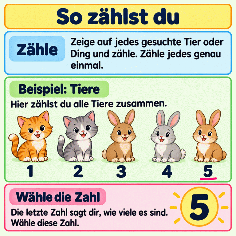 Zählanleitung mit einem Tierbeispiel: Zwei Kätzchen und drei Häschen werden gemeinsam gezählt. Jedem Tier ist eine Zählziffer von 1 bis 5 zugeordnet. Jedes Tier zählt genau einmal. Die letzte Zahl ist 5, also sind es insgesamt fünf Tiere. Die große 5 zeigt die passende Zahl für dieses Beispiel. So zählst du Zähle: Zeige auf jedes gesuchte Tier oder Ding und zähle. Zähle jedes genau einmal. Beispiel: Tiere: Hier zählst du alle Tiere zusammen. Wähle die Zahl: Die letzte Zahl sagt dir, wie viele es sind. Wähle diese Zahl. 1 2 3 4 5