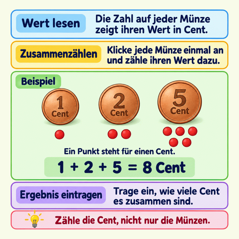 Lies den Centwert jeder Münze und zähle jeden Wert einmal dazu. Das Lehrbeispiel zeigt eine 1-Cent-, eine 2-Cent- und eine 5-Cent-Münze. Ein, zwei und fünf Punkte veranschaulichen ihre Werte. Jeder Punkt steht für einen Cent. Die Rechnung lautet: 1 + 2 + 5 = 8 Cent. Trage den Gesamtbetrag ein. Zähle die Cent, nicht nur die Münzen. Wert lesen: Die Zahl auf jeder Münze zeigt ihren Wert in Cent. Zusammenzählen: Klicke jede Münze einmal an und zähle ihren Wert dazu. Ergebnis eintragen: Trage ein, wie viele Cent es zusammen sind. Zähle die Cent, nicht nur die Münzen. Beispiel 1 2 5 Cent Ein Punkt steht für einen Cent. + = 8 Cent