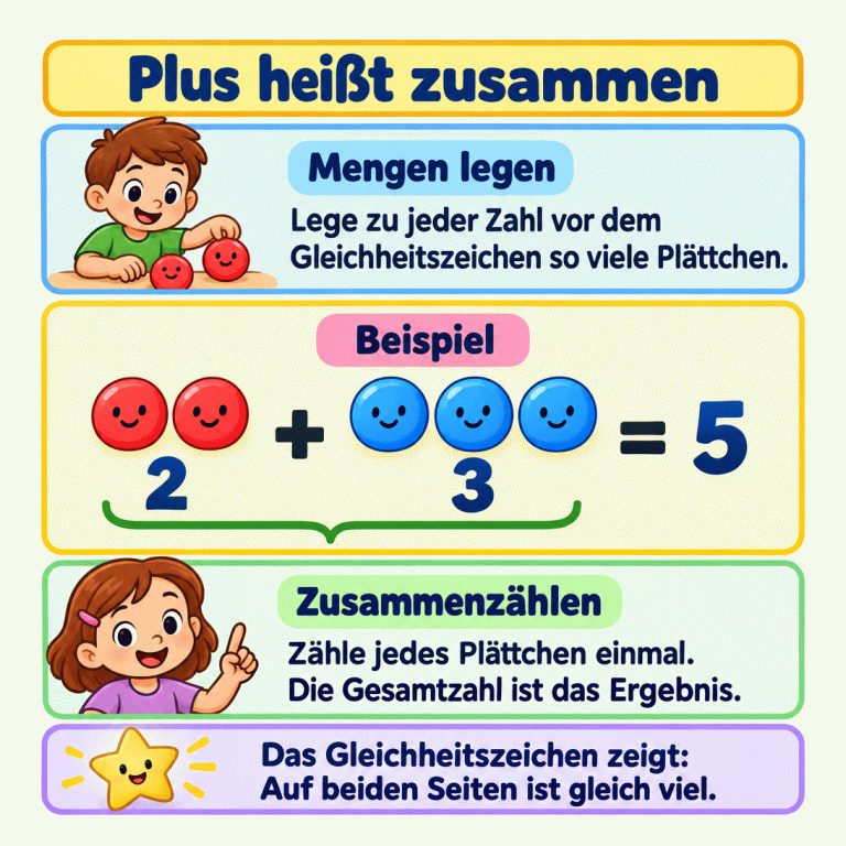 Plus heißt zusammen. Das Beispiel zeigt zwei plus drei gleich fünf. Zur Zwei gehören zwei Plättchen, zur Drei drei Plättchen. Zusammen sind es fünf. Jedes Plättchen wird einmal gezählt. Das Gleichheitszeichen zeigt: Auf beiden Seiten ist gleich viel. Plus heißt zusammen Mengen legen: Lege zu jeder Zahl vor dem Gleichheitszeichen so viele Plättchen. Zusammenzählen: Zähle jedes Plättchen einmal. Die Gesamtzahl ist das Ergebnis. Das Gleichheitszeichen zeigt: Auf beiden Seiten ist gleich viel. Beispiel 2 + 3 = 5