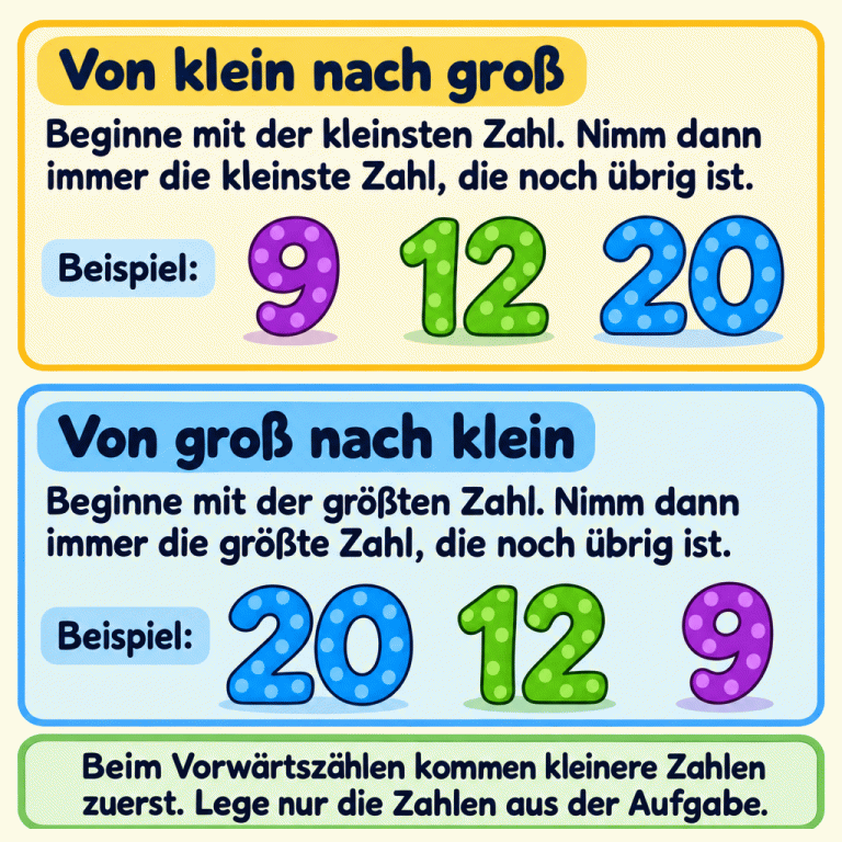 Zwei Beispiele mit denselben Zahlen: Von klein nach groß stehen 9, 12 und 20. Von groß nach klein stehen 20, 12 und 9. Wähle jeweils die kleinste oder größte Zahl, die noch übrig ist. Lege nur die Zahlen aus der Aufgabe. Von klein nach groß: Beginne mit der kleinsten Zahl. Nimm dann immer die kleinste Zahl, die noch übrig ist. Von groß nach klein: Beginne mit der größten Zahl. Nimm dann immer die größte Zahl, die noch übrig ist. Beim Vorwärtszählen kommen kleinere Zahlen zuerst. Lege nur die Zahlen aus der Aufgabe. Beispiel: 9 12 20
