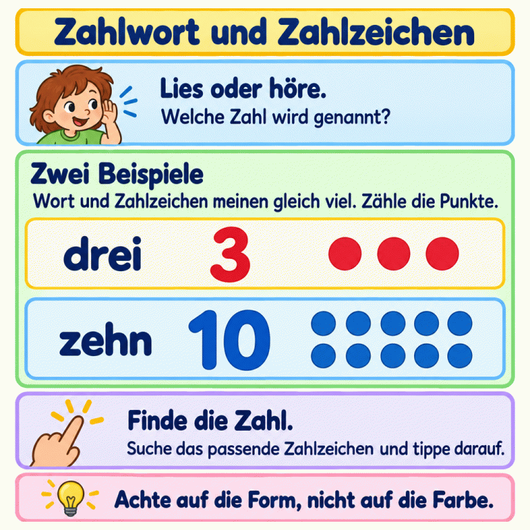 Die Lernkarte erklärt: Lies das Zahlwort oder höre den Zahlennamen und suche das passende Zahlzeichen. Zwei Beispiele zeigen die Verbindung: drei mit dem Zahlzeichen 3 und drei Punkten sowie zehn mit dem Zahlzeichen 10 und zehn Punkten. Entscheidend ist die Form des Zahlzeichens, nicht seine Farbe. Zahlwort und Zahlzeichen Lies oder höre.: Welche Zahl wird genannt? Zwei Beispiele: Wort und Zahlzeichen meinen gleich viel. Zähle die Punkte. Finde die Zahl.: Suche das passende Zahlzeichen und tippe darauf. Achte auf die Form, nicht auf die Farbe. drei 3 zehn 10