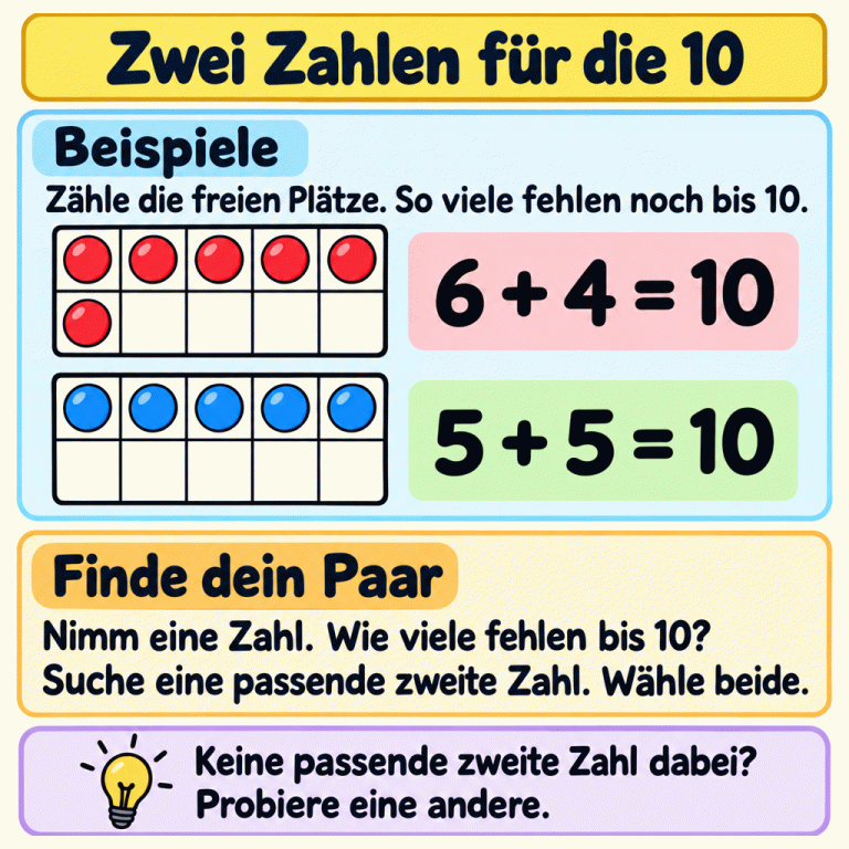 Zwei Beispiele zeigen das Ergänzen bis 10. Im ersten Zehnerfeld liegen sechs Plättchen; vier Plätze sind frei: 6 plus 4 ergibt 10. Im zweiten liegen fünf Plättchen; fünf Plätze sind frei: 5 plus 5 ergibt 10. Zähle, wie viele fehlen, und suche eine passende zweite Zahl. Wähle beide. Fehlt ein passender Partner, probiere eine andere Zahl. Zwei Zahlen für die 10 Beispiele: Zähle die freien Plätze. So viele fehlen noch bis 10. Finde dein Paar: Nimm eine Zahl. Wie viele fehlen bis 10? Suche eine passende zweite Zahl. Wähle beide. Keine passende zweite Zahl dabei? Probiere eine andere. 6 + 4 = 10 5 + 5 = 10