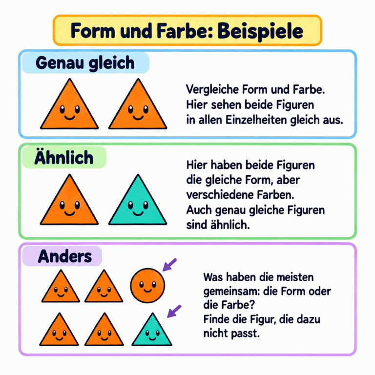 Beispiele zum Vergleichen von Form und Farbe: Zwei orangefarbene Dreiecke sehen genau gleich aus. Ein orangefarbenes und ein türkisfarbenes Dreieck haben die gleiche Form und sind ähnlich. Auch genau gleiche Figuren sind ähnlich. In einer Gruppe mit zwei orangefarbenen Dreiecken und einem orangefarbenen Kreis hat der Kreis eine andere Form. In einer Gruppe aus drei Dreiecken hat eines eine andere Farbe. Form und Farbe: Beispiele Genau gleich: Vergleiche Form und Farbe. Hier sehen beide Figuren in allen Einzelheiten gleich aus. Ähnlich: Hier haben beide Figuren die gleiche Form, aber verschiedene Farben. Auch genau gleiche Figuren sind ähnlich. Anders: Was haben die meisten gemeinsam: die Form oder die Farbe? Finde die Figur, die dazu nicht passt.