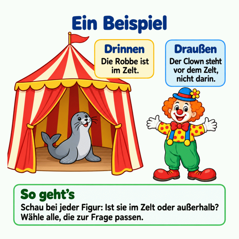 Ein Beispiel: Eine Robbe sitzt ganz im offenen Zelt. Zwischen ihr und dem Eingang ist noch Innenboden zu sehen. Ein Clown steht mit deutlichem Abstand draußen vor dem Zelt. Prüfe bei jeder Figur, ob sie im Zelt oder außerhalb ist, und wähle passend zur Frage. Ein Beispiel Drinnen: Die Robbe ist im Zelt. Draußen: Der Clown steht vor dem Zelt, nicht darin. So geht’s: Schau bei jeder Figur: Ist sie im Zelt oder außerhalb? Wähle alle, die zur Frage passen.