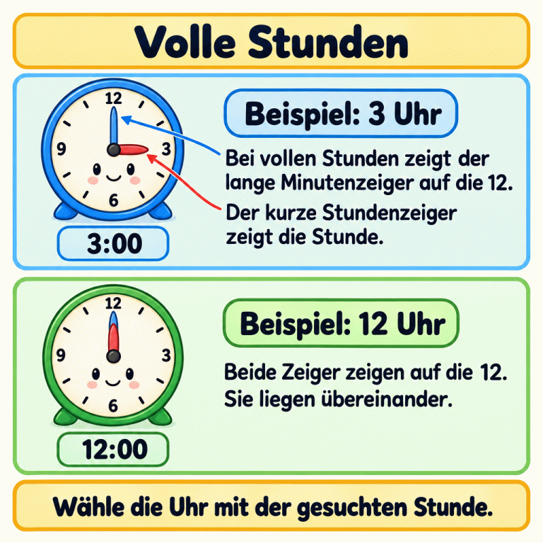 Zwei Beispieluhren erklären volle Stunden. Bei 3 Uhr zeigt der lange Minutenzeiger auf die 12 und der kurze Stundenzeiger auf die 3. Darunter steht 3:00. Bei 12 Uhr zeigen beide Zeiger auf die 12 und liegen übereinander. Darunter steht 12:00. Gesucht wird jeweils die Uhr mit der passenden Stunde. Volle Stunden Beispiel: 3 Uhr: Bei vollen Stunden zeigt der lange Minutenzeiger auf die 12. Der kurze Stundenzeiger zeigt die Stunde. Beispiel: 12 Uhr: Beide Zeiger zeigen auf die 12. Sie liegen übereinander. Wähle die Uhr mit der gesuchten Stunde. 12 3 6 9 3:00 12:00