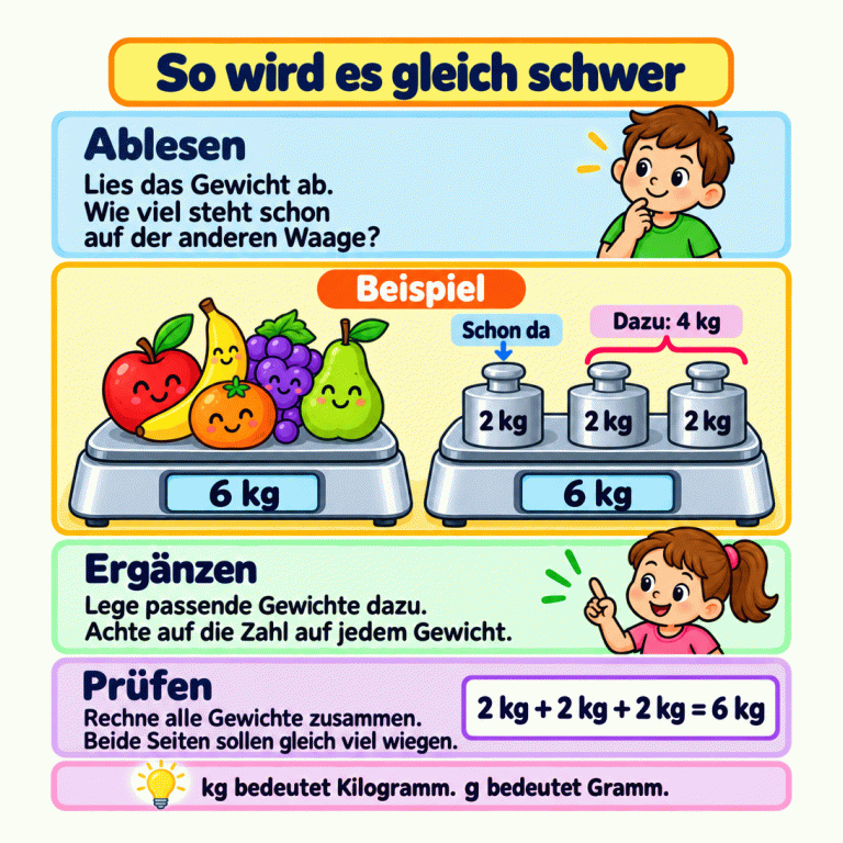 Ein Lehrbeispiel zeigt zwei digitale Waagen. Die Früchte wiegen zusammen 6 kg. Auf der anderen Waage steht ein bereits vorhandenes Gewicht mit 2 kg. Zwei weitere Gewichte mit je 2 kg werden als Ergänzung von zusammen 4 kg gekennzeichnet. Alle drei Gewichtsstücke ergeben 6 kg. Beide Waagen zeigen nun dasselbe Gesamtgewicht. Die Anleitung erklärt: ablesen, ergänzen und alle Gewichte zusammenrechnen. So wird es gleich schwer Ablesen: Lies das Gewicht ab. Wie viel steht schon auf der anderen Waage? Ergänzen: Lege passende Gewichte dazu. Achte auf die Zahl auf jedem Gewicht. Prüfen: Rechne alle Gewichte zusammen. Beide Seiten sollen gleich viel wiegen. kg bedeutet Kilogramm. g bedeutet Gramm. Beispiel 6 kg 2 kg Schon da Dazu: 4 kg 2 kg + 2 kg + 2 kg = 6 kg