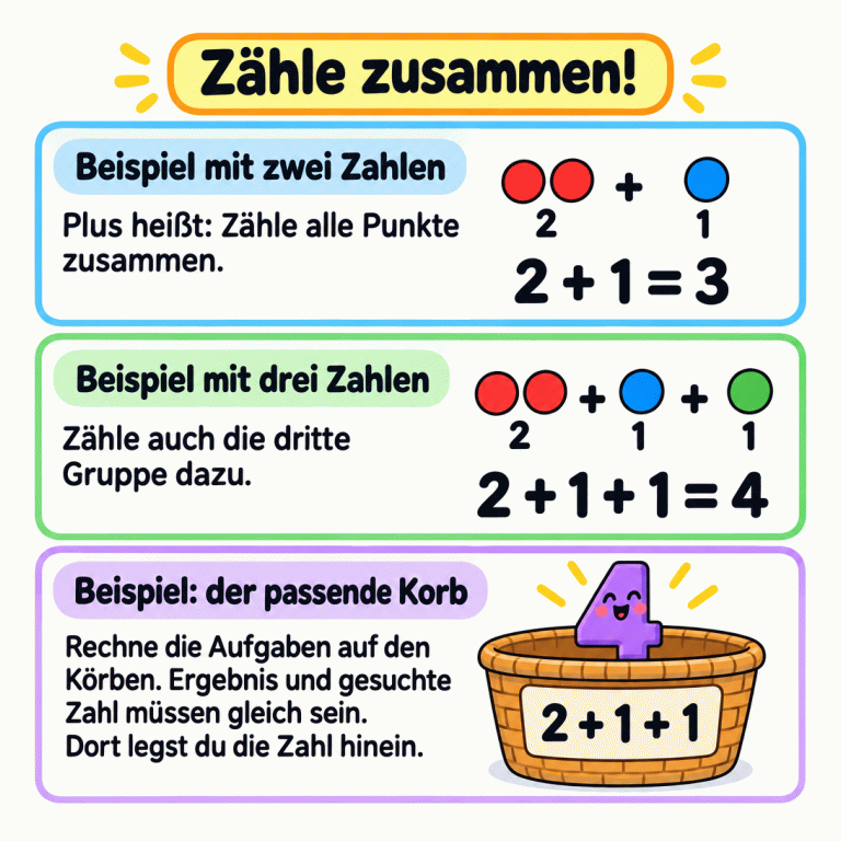 Zähle zusammen: Im ersten Beispiel siehst du zwei Punkte und einen Punkt. Das ergibt 2 + 1 = 3. Im zweiten Beispiel kommt noch eine Gruppe mit einem Punkt dazu: 2 + 1 + 1 = 4. Jede kleine Zahl gehört zu ihrer eigenen Punktgruppe. Unten liegt die Zahl 4 im Korb mit der Aufgabe 2 + 1 + 1. Ergebnis und gesuchte Zahl sind gleich. Zähle zusammen! Beispiel mit zwei Zahlen: Plus heißt: Zähle alle Punkte zusammen. Beispiel mit drei Zahlen: Zähle auch die dritte Gruppe dazu. Beispiel: der passende Korb: Rechne die Aufgaben auf den Körben. Ergebnis und gesuchte Zahl müssen gleich sein. Dort legst du die Zahl hinein. 2 1 2 + 1 = 3 2 + 1 + 1 = 4 4 2 + 1 + 1 + + +