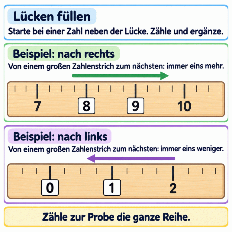 Zwei Beispiele zeigen das Ergänzen am Zahlenstrahl. Oben stehen von links nach rechts 7, 8, 9 und 10. Die Zahlen 8 und 9 sind in Kästchen ergänzt: Nach rechts wird es von einem großen Zahlenstrich zum nächsten immer eins mehr. Unten stehen 0, 1 und 2. Von der gegebenen 2 aus werden nach links zuerst 1 und dann 0 ergänzt: immer eins weniger. Zum Schluss wird die ganze Reihe zur Probe gezählt. Lücken füllen: Starte bei einer Zahl neben der Lücke. Zähle und ergänze. Beispiel: nach rechts: Von einem großen Zahlenstrich zum nächsten: immer eins mehr. Beispiel: nach links: Von einem großen Zahlenstrich zum nächsten: immer eins weniger. Zähle zur Probe die ganze Reihe. 7 8 9 10 1 2