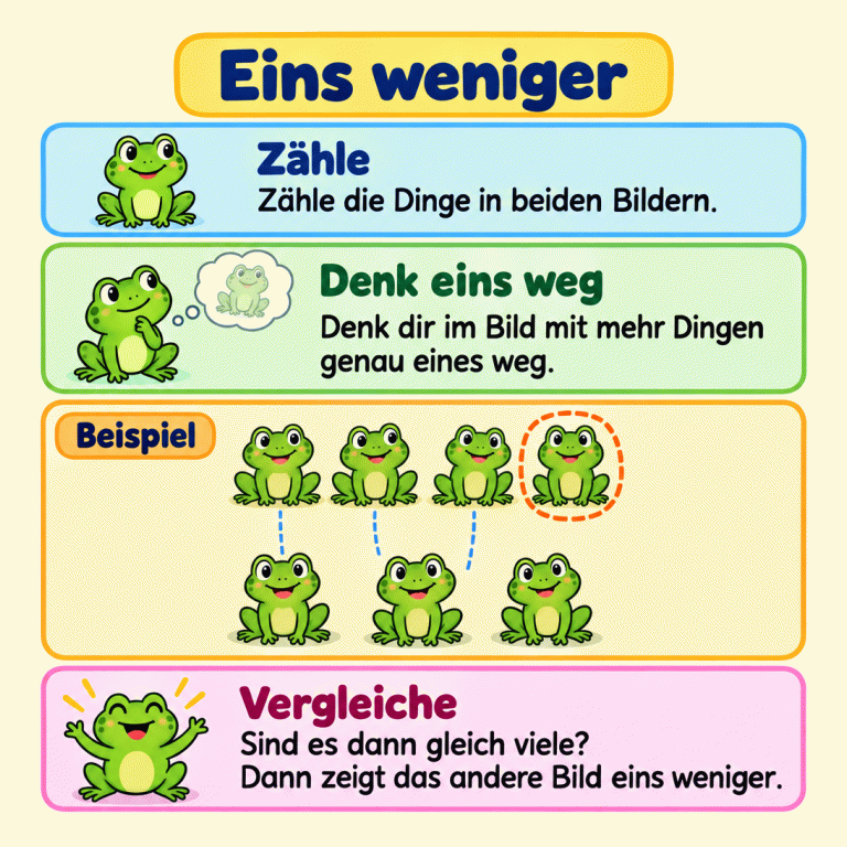 Die Karte erklärt: Zähle die Dinge in beiden Bildern. Denke dir im Bild mit mehr Dingen genau eines weg und vergleiche erneut. Das Lehrbeispiel zeigt vier Frösche und drei Frösche. Drei Paare lassen sich zuordnen; ein Frosch bleibt ohne Partner. Denkt man ihn weg, sind beide Mengen gleich groß. Drei Frösche sind also genau einer weniger als vier. Eins weniger Zähle: Zähle die Dinge in beiden Bildern. Denk eins weg: Denk dir im Bild mit mehr Dingen genau eines weg. Vergleiche: Sind es dann gleich viele? Dann zeigt das andere Bild eins weniger. Beispiel