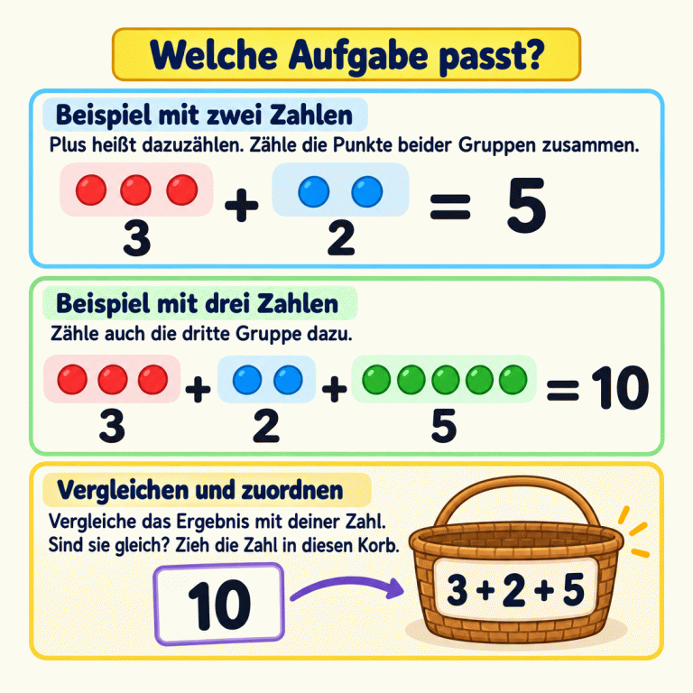Zwei Rechenbeispiele mit Punktgruppen: Drei Punkte und zwei Punkte ergeben fünf. Kommen noch fünf Punkte dazu, sind es zehn. Eine Zahlkarte mit der 10 passt deshalb zum Korb mit der Aufgabe 3 + 2 + 5. Zähle alle Teile zusammen und vergleiche das Ergebnis mit deiner Zahl. Welche Aufgabe passt? Beispiel mit zwei Zahlen: Plus heißt dazuzählen. Zähle die Punkte beider Gruppen zusammen. Beispiel mit drei Zahlen: Zähle auch die dritte Gruppe dazu. Vergleichen und zuordnen: Vergleiche das Ergebnis mit deiner Zahl. Sind sie gleich? Zieh die Zahl in diesen Korb. 3 + 2 = 5 3 + 2 + 5 = 10 10 3 + 2 + 5