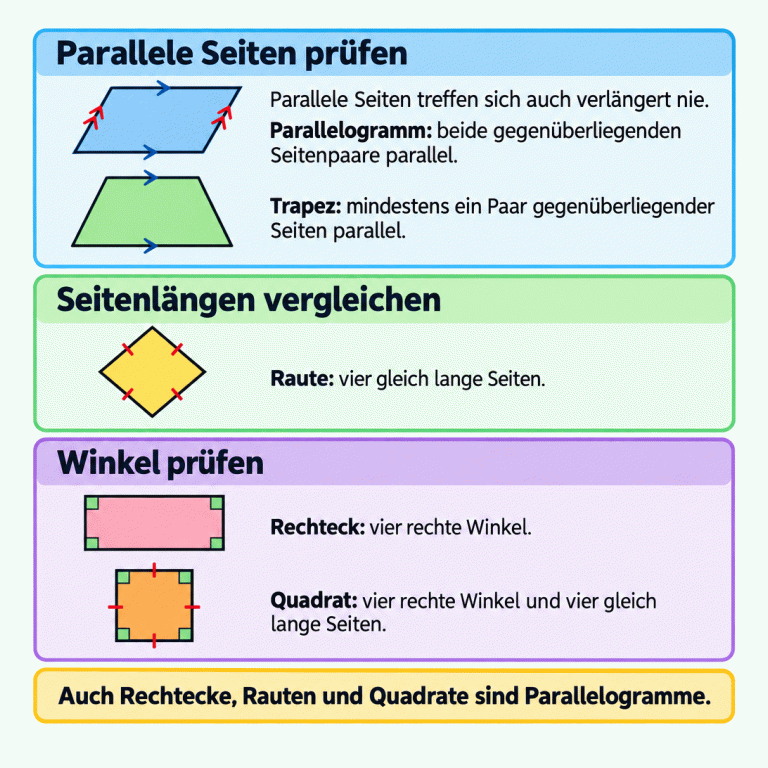 Lernkarte zu fünf Vierecken. Parallele Seiten treffen sich auch verlängert nie. Beim Parallelogramm sind beide gegenüberliegenden Seitenpaare parallel, beim Trapez mindestens eines. Eine Raute hat vier gleich lange Seiten. Ein Rechteck hat vier rechte Winkel. Ein Quadrat hat vier gleich lange Seiten und vier rechte Winkel. Markierungen an den Figuren heben diese Eigenschaften hervor. Rechtecke, Rauten und Quadrate sind auch Parallelogramme. Parallele Seiten prüfen: Parallele Seiten treffen sich auch verlängert nie.
Parallelogramm: beide gegenüberliegenden Seitenpaare parallel.
Trapez: mindestens ein Paar gegenüberliegender Seiten parallel. Seitenlängen vergleichen: Raute: vier gleich lange Seiten. Winkel prüfen: Rechteck: vier rechte Winkel.
Quadrat: vier rechte Winkel und vier gleich lange Seiten. Auch Rechtecke, Rauten und Quadrate sind Parallelogramme.