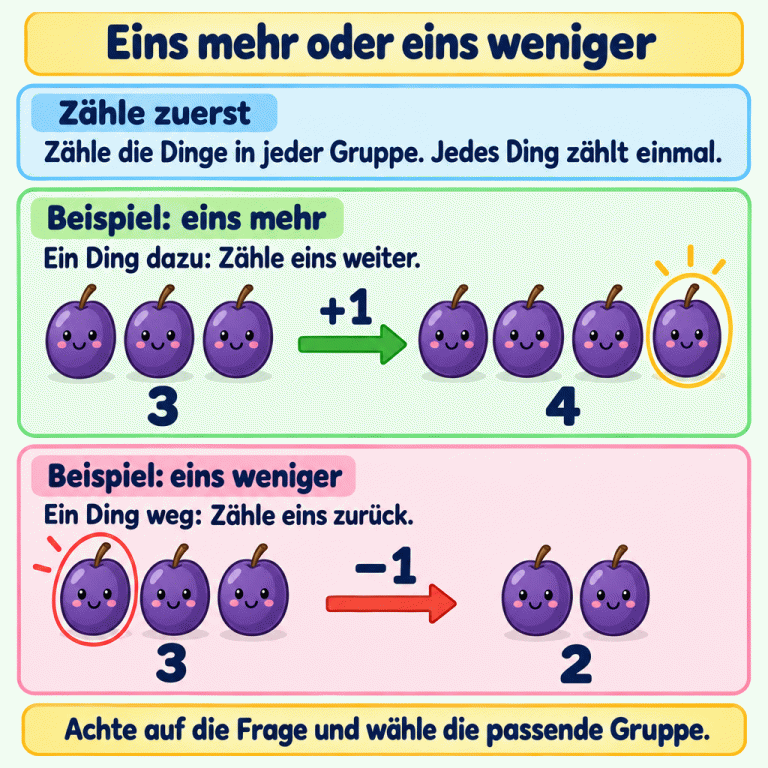 Eins mehr oder eins weniger: Zähle jedes Ding in jeder Gruppe einmal. Zwei Beispiele mit Pflaumen zeigen die Veränderung: Aus drei werden durch ein Ding dazu vier. Aus drei werden durch ein Ding weg zwei. Achte auf die Frage und wähle die passende Gruppe. Eins mehr oder eins weniger Zähle zuerst: Zähle die Dinge in jeder Gruppe. Jedes Ding zählt einmal. Beispiel: eins mehr: Ein Ding dazu: Zähle eins weiter. Beispiel: eins weniger: Ein Ding weg: Zähle eins zurück. Achte auf die Frage und wähle die passende Gruppe. 3 4 2 +1 −1