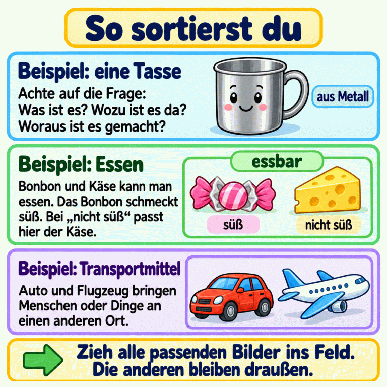 Drei Beispiele zeigen das Sortieren nach der Frage: Eine Tasse besteht aus Metall. Bonbon und Käse sind beide essbar, aber das Bonbon ist süß und der Käse nicht süß. Auto und Flugzeug sind Transportmittel. Alle Bilder, die zur gesuchten Gruppe passen, kommen ins Feld. Die anderen bleiben draußen. So sortierst du Beispiel: eine Tasse: Achte auf die Frage: Was ist es? Wozu ist es da? Woraus ist es gemacht? Beispiel: Essen: Bonbon und Käse kann man essen. Das Bonbon schmeckt süß. Bei „nicht süß“ passt hier der Käse. Beispiel: Transportmittel: Auto und Flugzeug bringen Menschen oder Dinge an einen anderen Ort. Zieh alle passenden Bilder ins Feld. Die anderen bleiben draußen. aus Metall essbar süß nicht süß