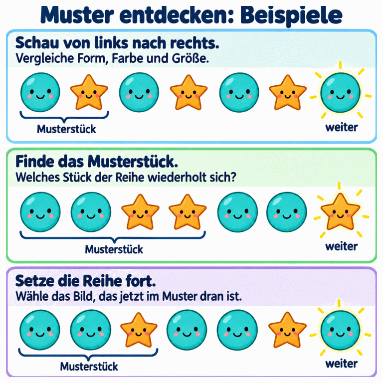 Drei Beispiele zeigen, wie Bildmuster weitergehen. Große Kreise und kleine Sterne unterscheiden sich in Form, Farbe und Größe. Oben wechseln sich Kreis und Stern ab; nach dem letzten Stern folgt wieder ein Kreis. In der Mitte lautet das Musterstück: zwei Kreise, zwei Sterne. Nach Kreis, Kreis, Stern, Stern, Kreis, Kreis folgt ein Stern. Unten lautet das Musterstück: zwei Kreise, ein Stern. Nach zwei vollständigen Wiederholungen folgt wieder ein Kreis. Das erste Musterstück und das jeweils ergänzte Bild sind markiert. Lies von links nach rechts, finde das Musterstück und wähle das Bild, das als Nächstes dran ist. Muster entdecken: Beispiele Schau von links nach rechts.: Vergleiche Form, Farbe und Größe. Finde das Musterstück.: Welches Stück der Reihe wiederholt sich? Setze die Reihe fort.: Wähle das Bild, das jetzt im Muster dran ist. Musterstück weiter