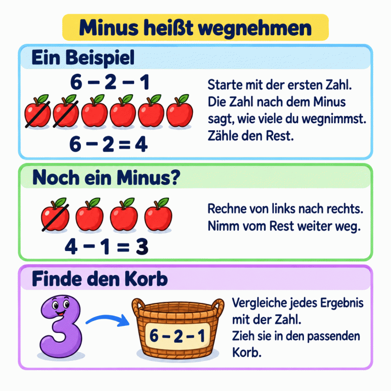 Minus heißt wegnehmen. Das Beispiel zeigt sechs minus zwei minus eins. Von sechs Äpfeln werden zuerst zwei weggenommen. Vier bleiben übrig. Von diesen vier wird noch ein Apfel weggenommen. Drei bleiben übrig. Deshalb passt die Zahl drei zum Korb mit der Aufgabe sechs minus zwei minus eins. Rechne jede Aufgabe aus und vergleiche ihr Ergebnis mit der vorgegebenen Zahl. Minus heißt wegnehmen Ein Beispiel: Starte mit der ersten Zahl. Die Zahl nach dem Minus sagt, wie viele du wegnimmst. Zähle den Rest. Noch ein Minus?: Rechne von links nach rechts. Nimm vom Rest weiter weg. Finde den Korb: Vergleiche jedes Ergebnis mit der Zahl. Zieh sie in den passenden Korb. 6 − 2 − 1 6 − 2 = 4 4 − 1 = 3 3