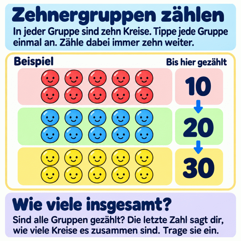 Ein Beispiel zeigt drei Gruppen mit jeweils zehn Kreisen. Neben der ersten Gruppe steht unter „Bis hier gezählt“ die Zahl 10, neben der zweiten 20 und neben der dritten 30. Jede neue Gruppe bringt zehn Kreise dazu. Wenn alle Gruppen gezählt sind, gibt die letzte Zahl an, wie viele Kreise es insgesamt sind. Zehnergruppen zählen: In jeder Gruppe sind zehn Kreise. Tippe jede Gruppe einmal an. Zähle dabei immer zehn weiter. Wie viele insgesamt?: Sind alle Gruppen gezählt? Die letzte Zahl sagt dir, wie viele Kreise es zusammen sind. Trage sie ein. Beispiel Bis hier gezählt 10 20 30