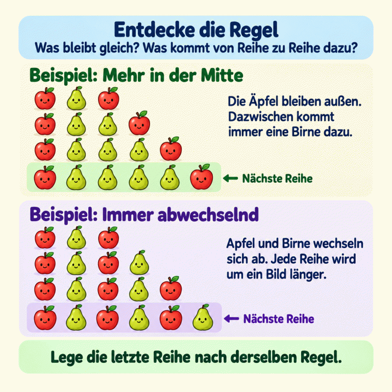 Zwei Beispiele zeigen, wie Bilderreihen wachsen. Im ersten Beispiel steht an beiden Enden jeder Reihe ein Apfel. Dazwischen liegen zuerst eine, dann zwei, dann drei Birnen. In der nächsten Reihe liegen vier Birnen zwischen den Äpfeln. Im zweiten Beispiel wechseln sich Apfel und Birne ab. Jede Reihe beginnt mit einem Apfel und wird um eine Frucht länger. Die nächste Reihe zeigt Apfel, Birne, Apfel, Birne, Apfel, Birne. Vergleiche die Reihen und lege die letzte Reihe nach derselben Regel. Entdecke die Regel: Was bleibt gleich? Was kommt von Reihe zu Reihe dazu? Beispiel: Mehr in der Mitte: Die Äpfel bleiben außen. Dazwischen kommt immer eine Birne dazu. Beispiel: Immer abwechselnd: Apfel und Birne wechseln sich ab. Jede Reihe wird um ein Bild länger. Lege die letzte Reihe nach derselben Regel. Nächste Reihe