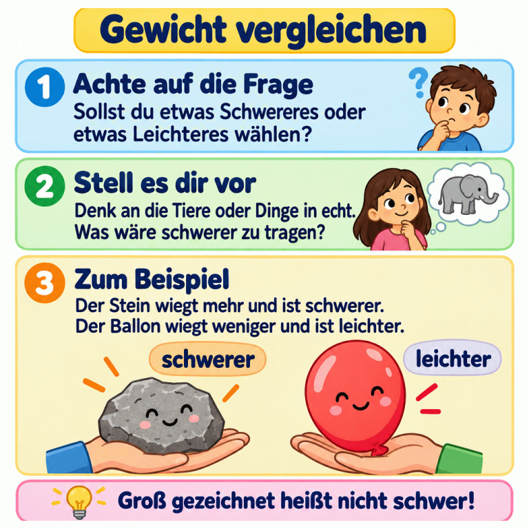 Gewicht vergleichen: Achte darauf, ob etwas Schwereres oder etwas Leichteres gesucht wird. Stell dir die Tiere oder Dinge in echt vor und überlege, was schwerer zu tragen wäre. Das Beispiel zeigt einen Stein als schwerer und einen luftgefüllten Ballon als leichter. Groß gezeichnet heißt nicht schwer. Gewicht vergleichen Achte auf die Frage: Sollst du etwas Schwereres oder etwas Leichteres wählen? Stell es dir vor: Denk an die Tiere oder Dinge in echt. Was wäre schwerer zu tragen? Zum Beispiel: Der Stein wiegt mehr und ist schwerer. Der Ballon wiegt weniger und ist leichter. Groß gezeichnet heißt nicht schwer! schwerer leichter 1 ? 2 3