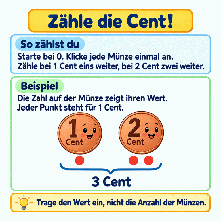 Zähle bei jeder 1-Cent-Münze eins und bei jeder 2-Cent-Münze zwei weiter. Das Beispiel zeigt eine 1-Cent-Münze mit einem Wertpunkt und eine 2-Cent-Münze mit zwei Wertpunkten. Jeder Punkt steht für einen Cent. Die zwei Münzen sind zusammen 3 Cent wert. Eingetragen wird der Geldwert, nicht die Anzahl der Münzen. Zähle die Cent! So zählst du: Starte bei 0. Klicke jede Münze einmal an. Zähle bei 1 Cent eins weiter, bei 2 Cent zwei weiter. Beispiel: Die Zahl auf der Münze zeigt ihren Wert. Jeder Punkt steht für 1 Cent. Trage den Wert ein, nicht die Anzahl der Münzen. 1 2 Cent 3 Cent