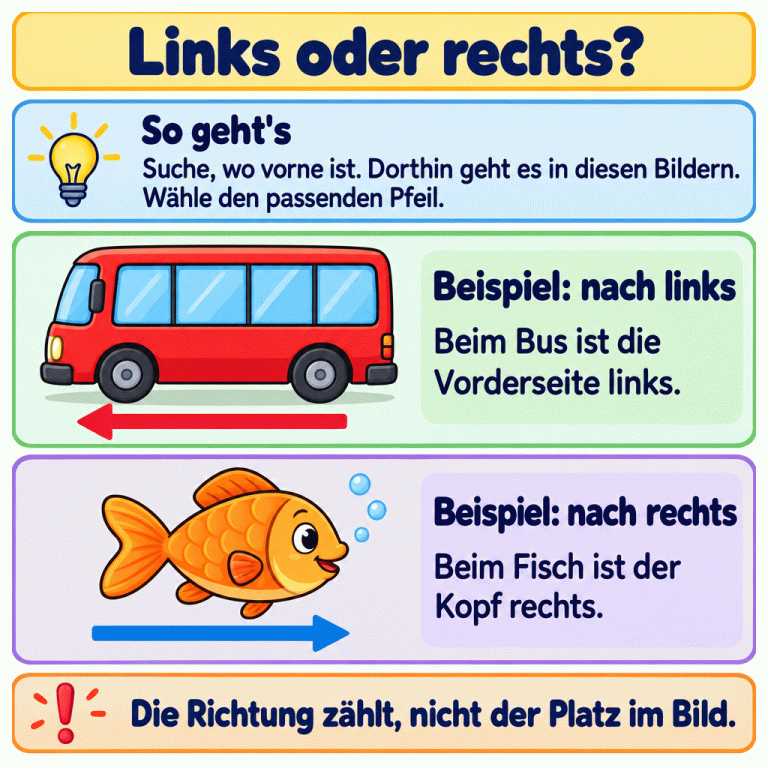 Zwei Lehrbeispiele erklären die Bewegungsrichtung. Beim Bus zeigt die Vorderseite nach links; sein Pfeil zeigt ebenfalls nach links. Beim Fisch zeigt der Kopf nach rechts; sein Pfeil zeigt ebenfalls nach rechts. Suche zuerst, wo vorne ist, und wähle den passenden Pfeil. Entscheidend ist die Richtung, nicht der Platz im Bild. Links oder rechts? So geht's: Suche, wo vorne ist. Dorthin geht es in diesen Bildern. Wähle den passenden Pfeil. Beispiel: nach links: Beim Bus ist die Vorderseite links. Beispiel: nach rechts: Beim Fisch ist der Kopf rechts. Die Richtung zählt, nicht der Platz im Bild. !